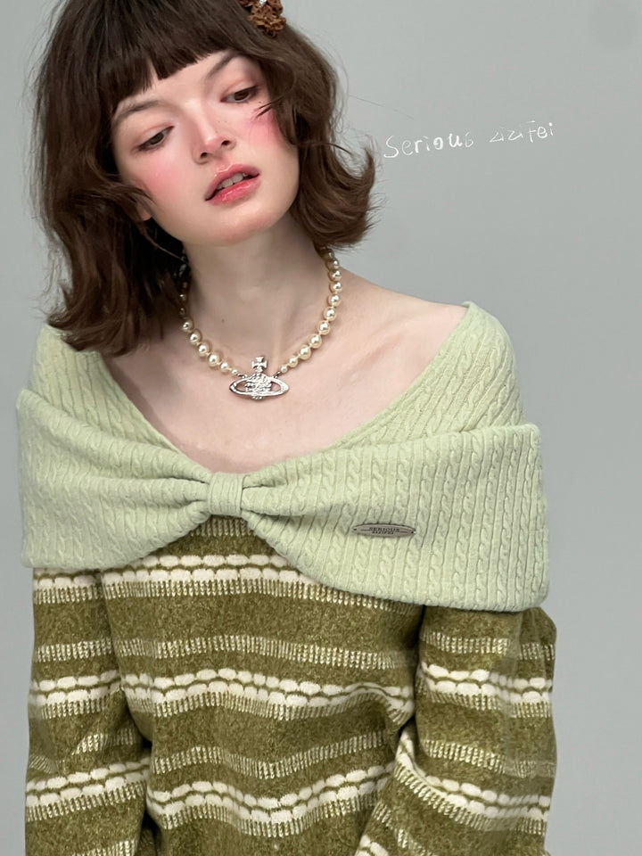 Striped Bow Collar Knit Sweater