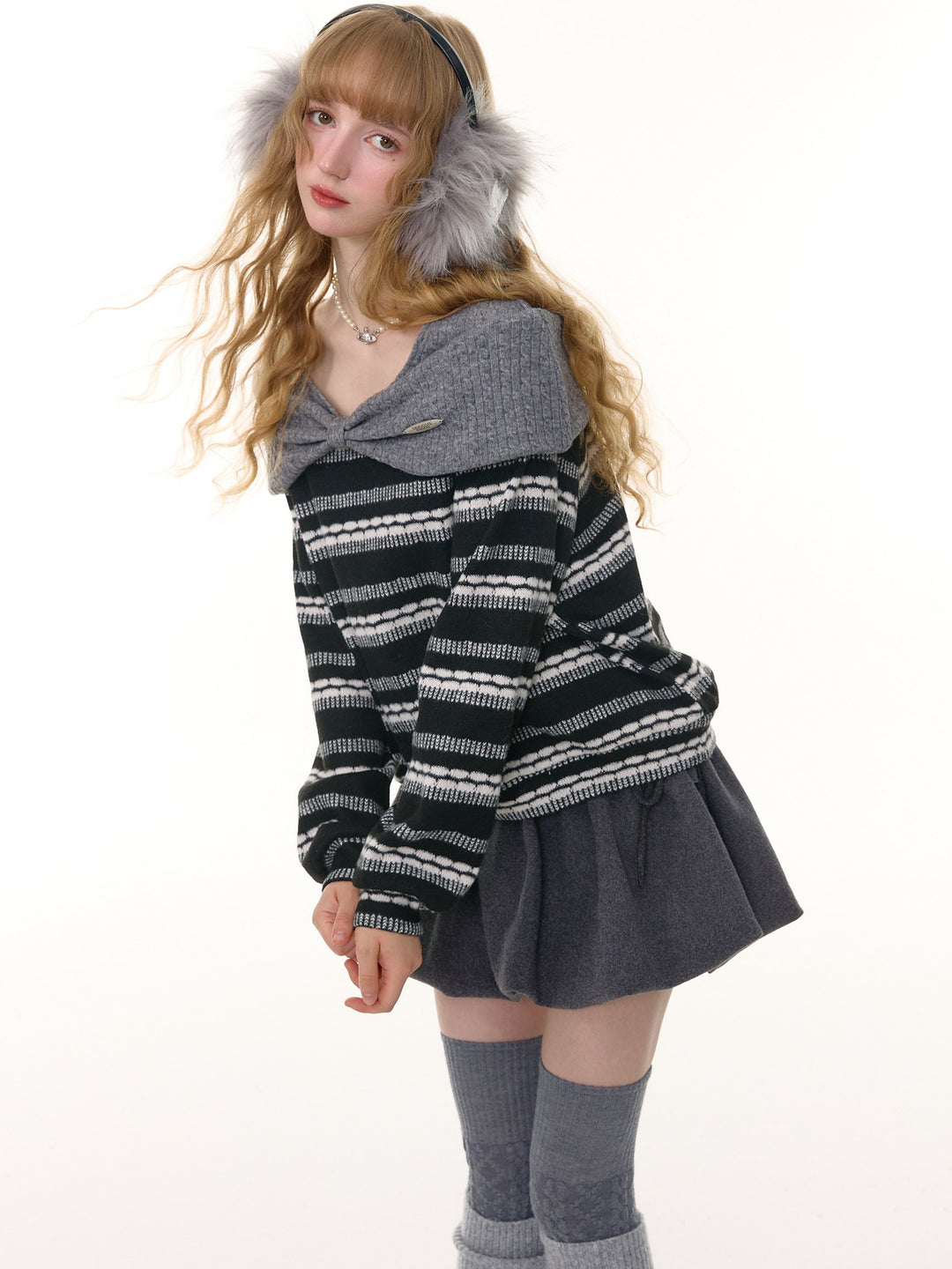 Striped Bow Collar Knit Sweater