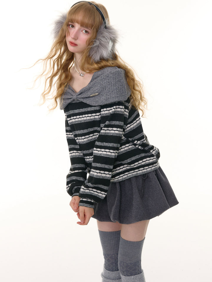 Striped Bow Collar Knit Sweater