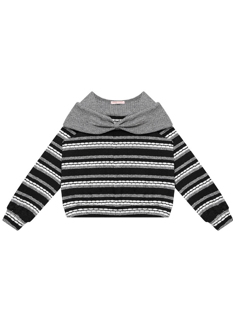 Striped Bow Collar Knit Sweater
