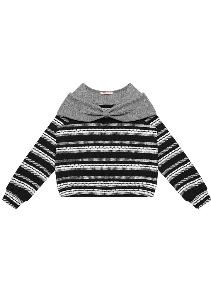 Striped Bow Collar Knit Sweater