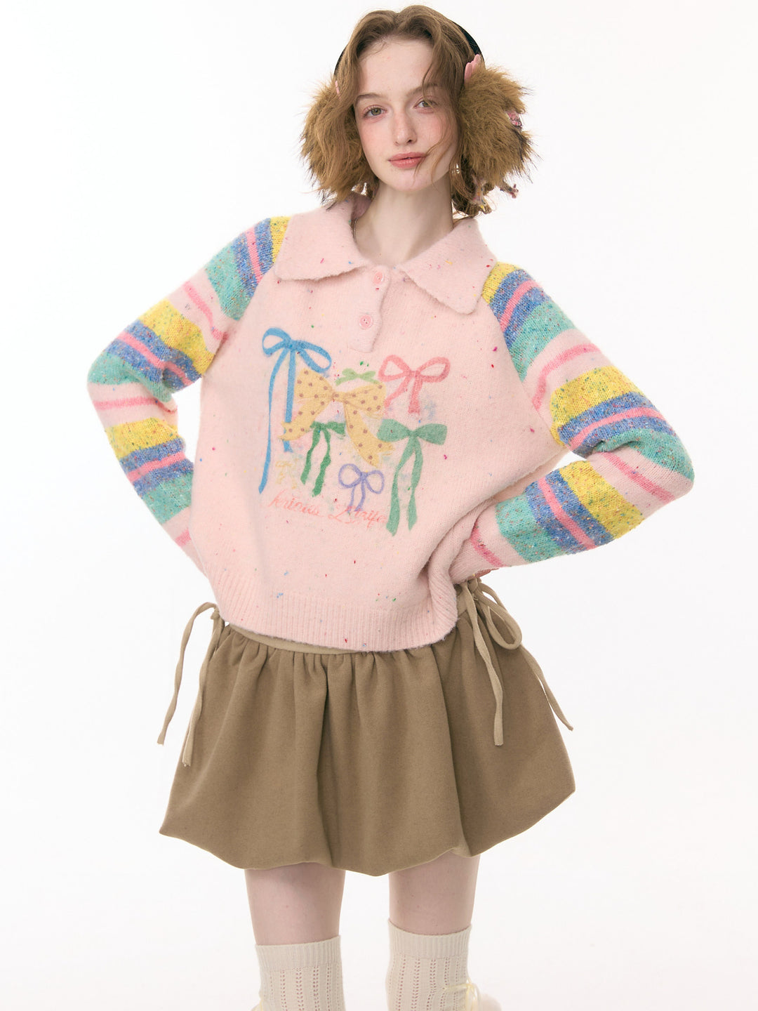 Pink Bow Graphic Polo Sweater