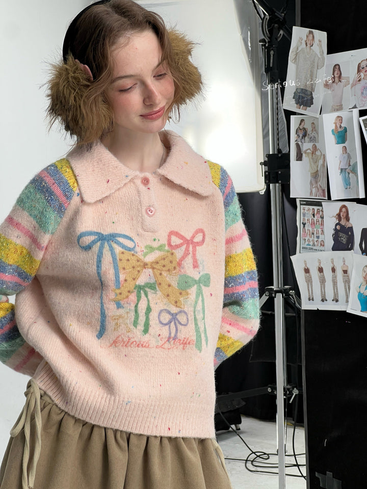 Pink Bow Graphic Polo Sweater