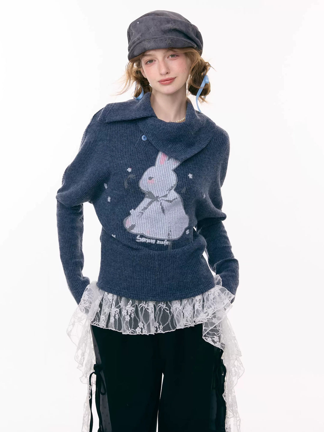 Asymmetric Collar Bunny Graphic Sweater