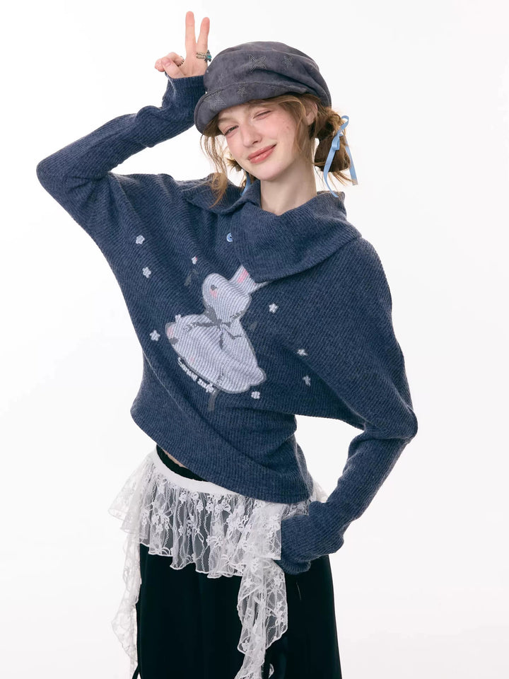 Asymmetric Collar Bunny Graphic Sweater