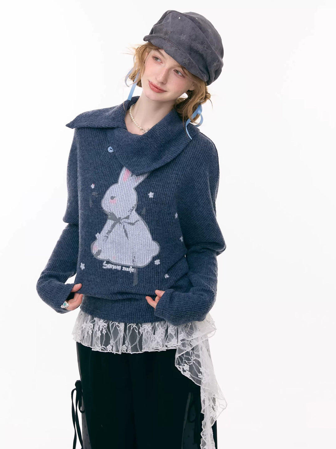 Asymmetric Collar Bunny Graphic Sweater