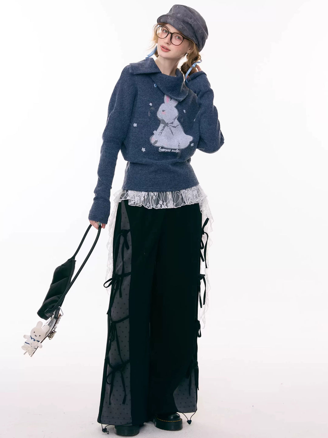 Asymmetric Collar Bunny Graphic Sweater