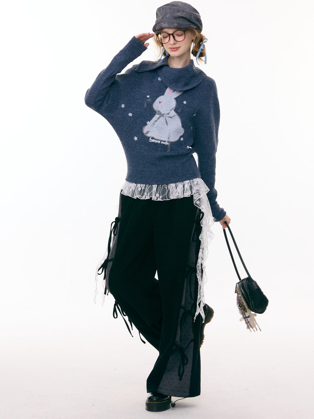 Asymmetric Collar Bunny Graphic Sweater