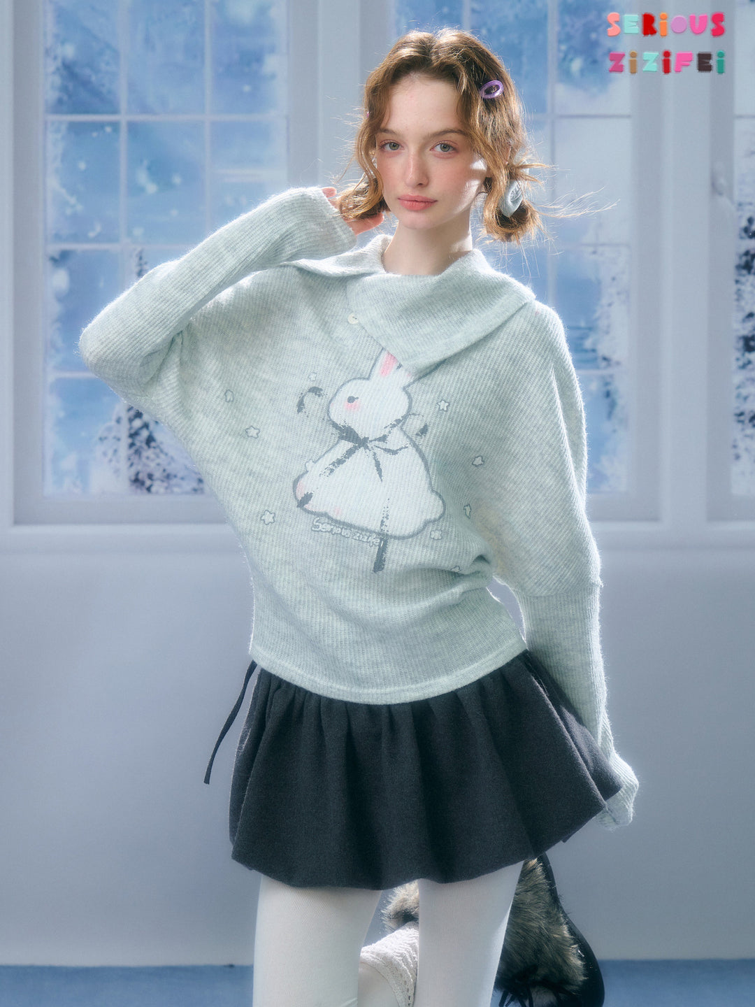 Asymmetric Collar Bunny Graphic Sweater