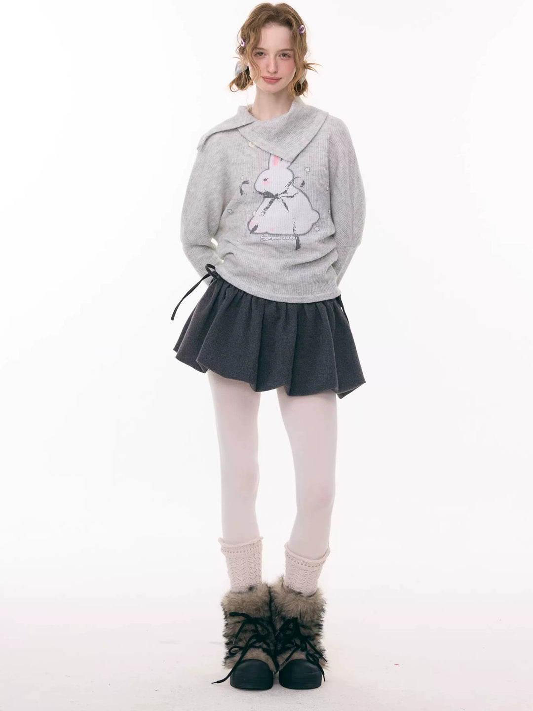 Asymmetric Collar Bunny Graphic Sweater