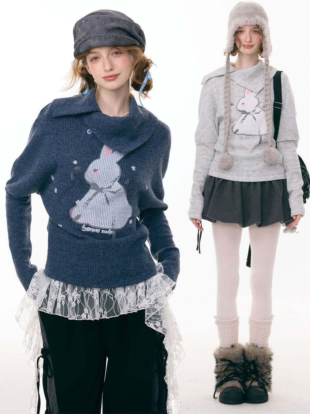 Asymmetric Collar Bunny Graphic Sweater