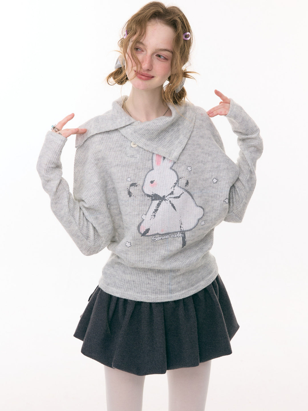 Asymmetric Collar Bunny Graphic Sweater