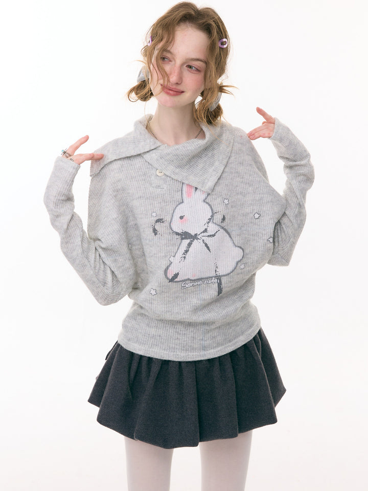 Asymmetric Collar Bunny Graphic Sweater