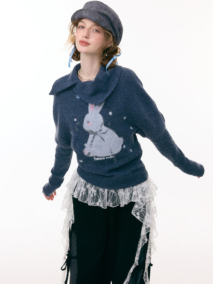 Asymmetric Collar Bunny Graphic Sweater