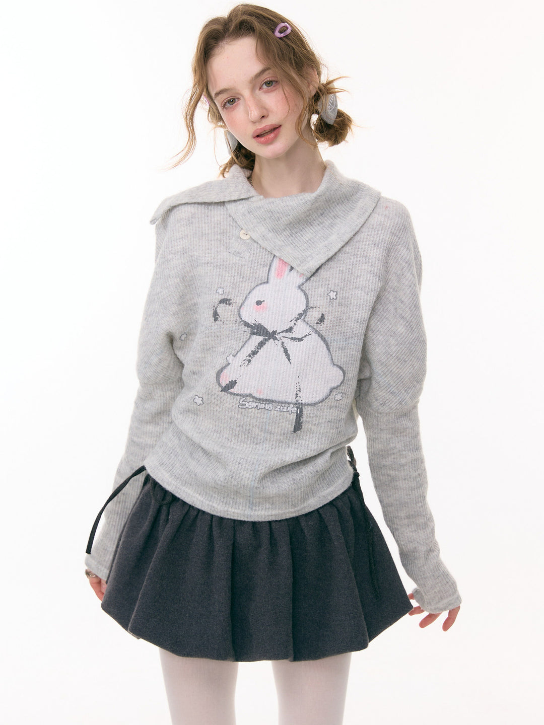 Asymmetric Collar Bunny Graphic Sweater