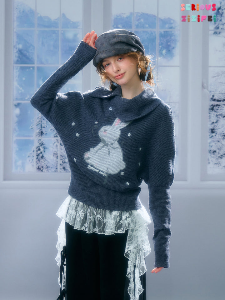 Asymmetric Collar Bunny Graphic Sweater