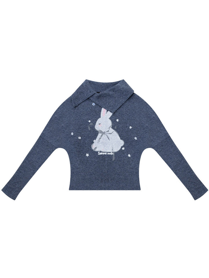 Asymmetric Collar Bunny Graphic Sweater