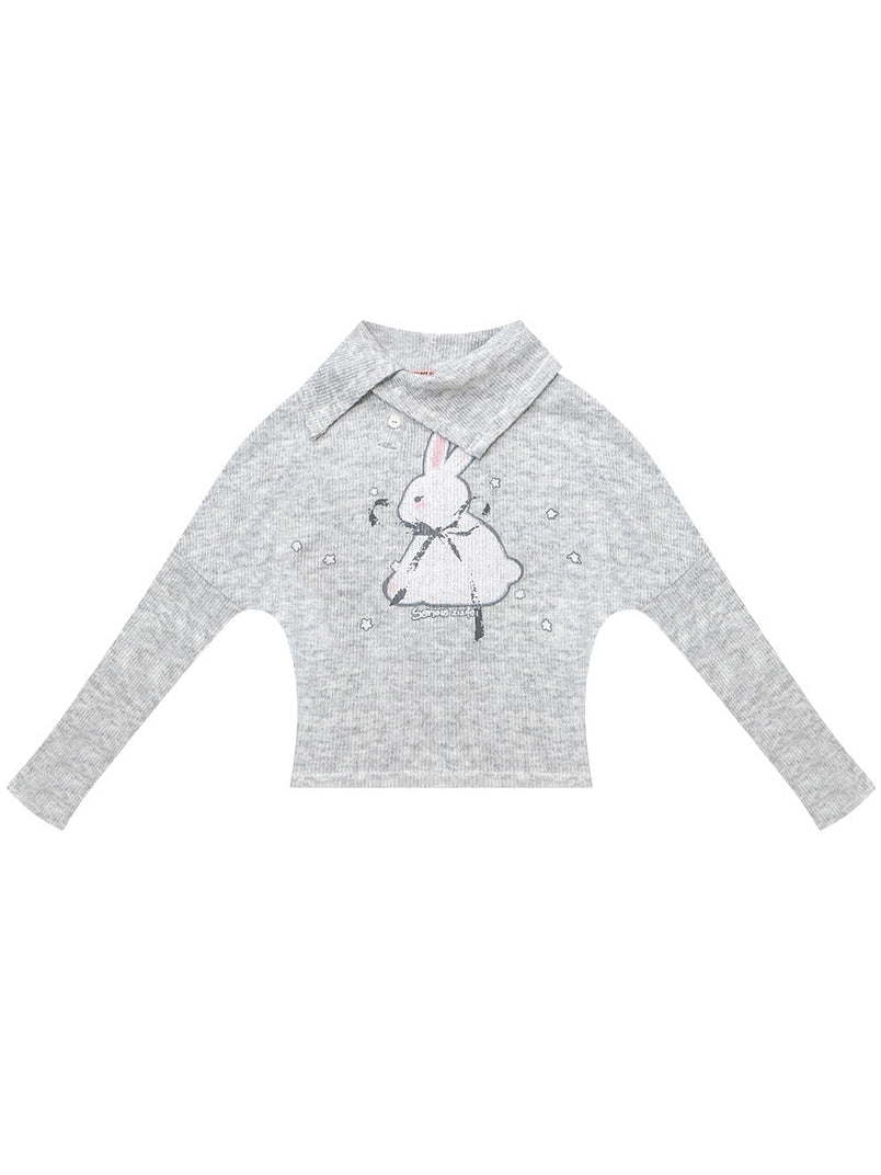 Asymmetric Collar Bunny Graphic Sweater