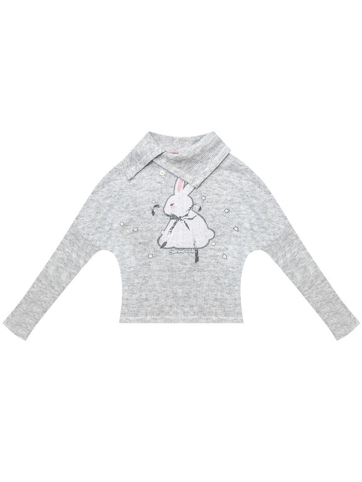 Asymmetric Collar Bunny Graphic Sweater