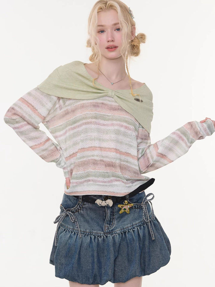 Pastel Stripe Foldover Collar Sweater