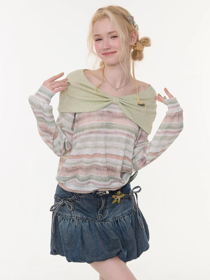 Pastel Stripe Foldover Collar Sweater