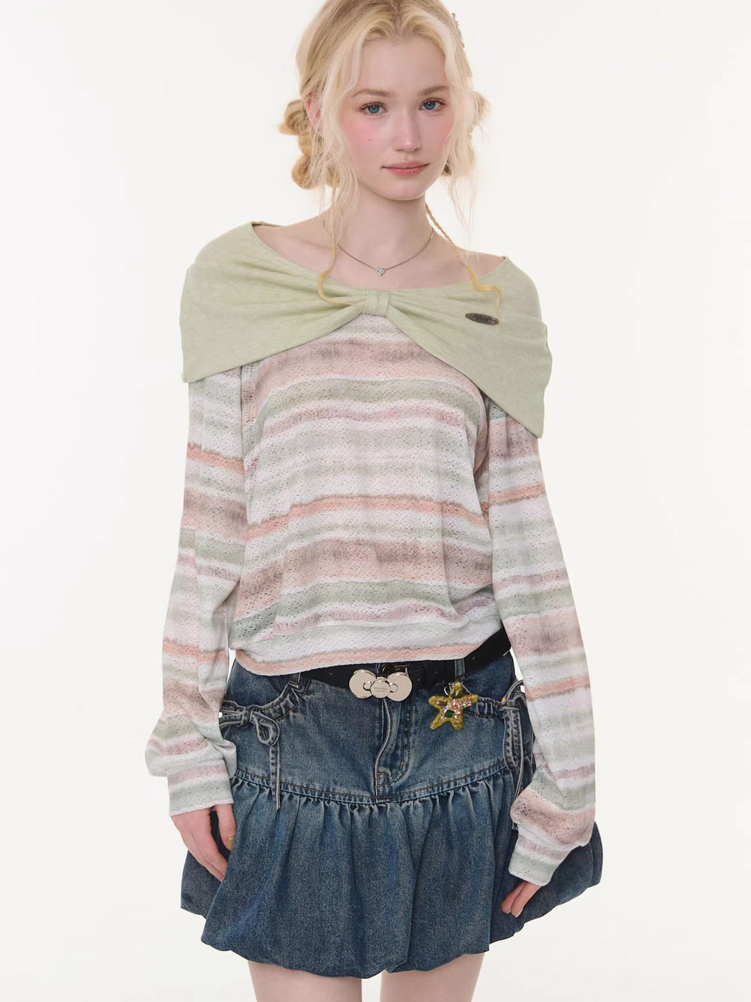 Pastel Stripe Foldover Collar Sweater