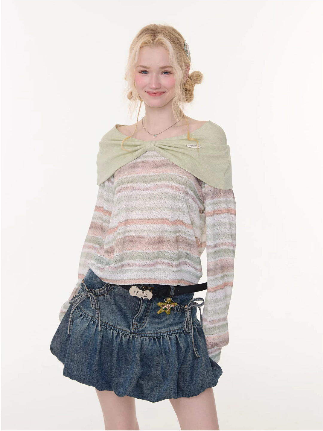 Pastel Stripe Foldover Collar Sweater