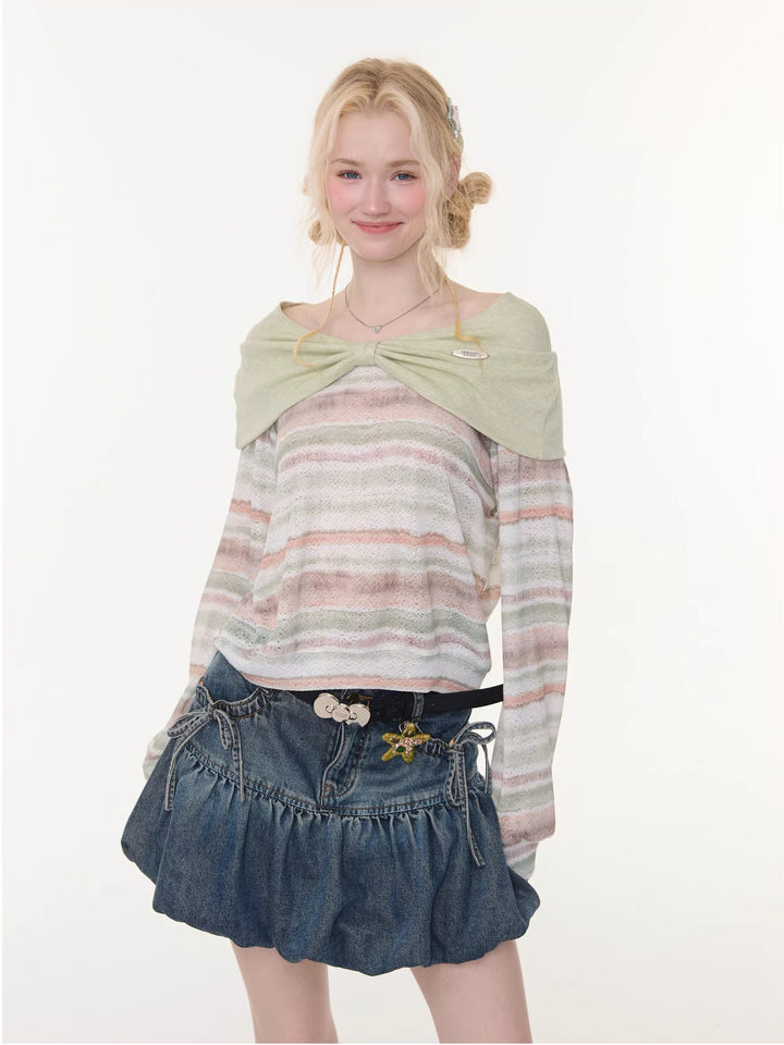 Pastel Stripe Foldover Collar Sweater