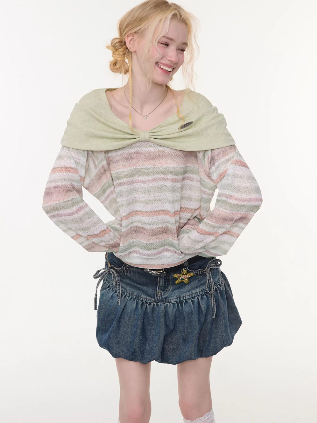 Pastel Stripe Foldover Collar Sweater