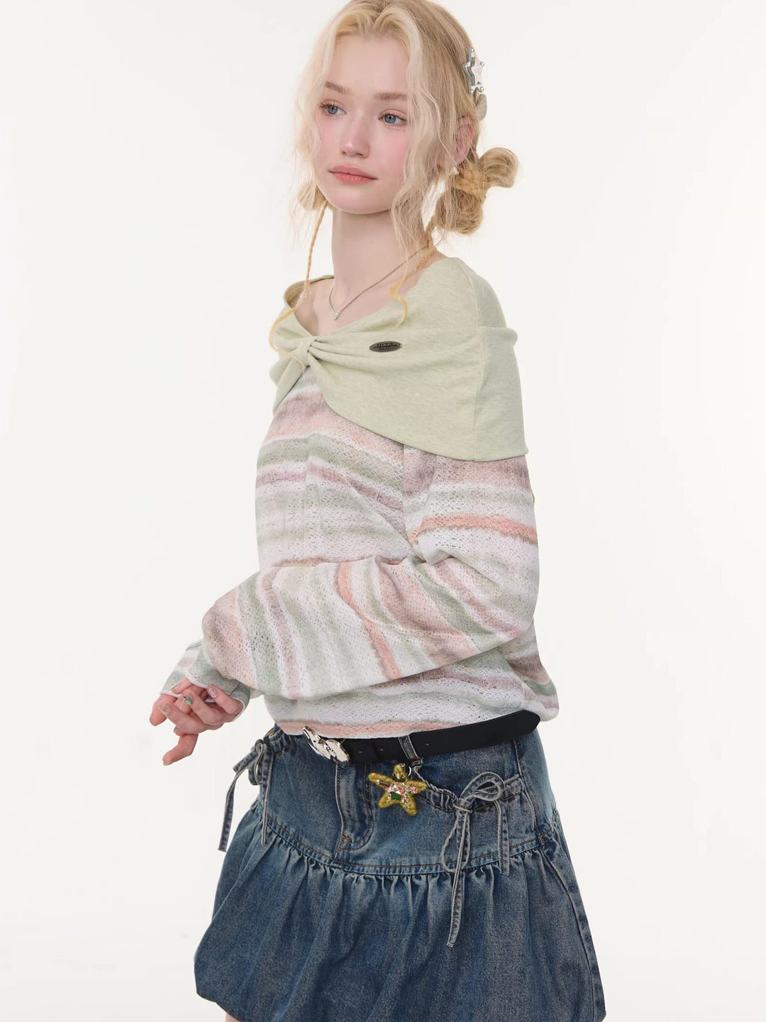 Pastel Stripe Foldover Collar Sweater