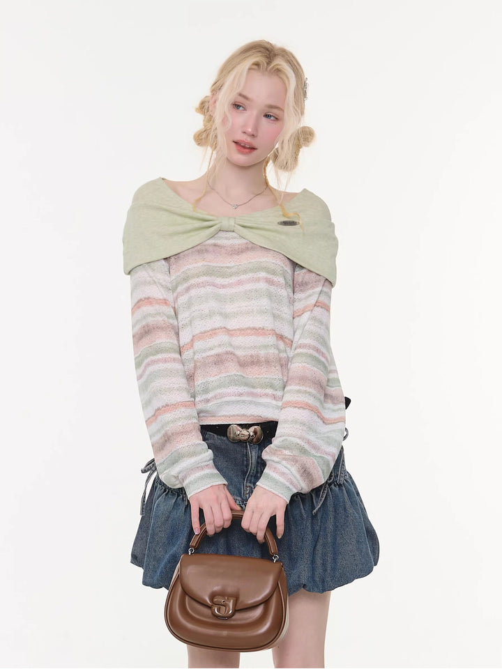 Pastel Stripe Foldover Collar Sweater