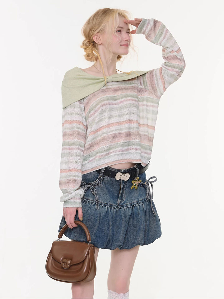 Pastel Stripe Foldover Collar Sweater