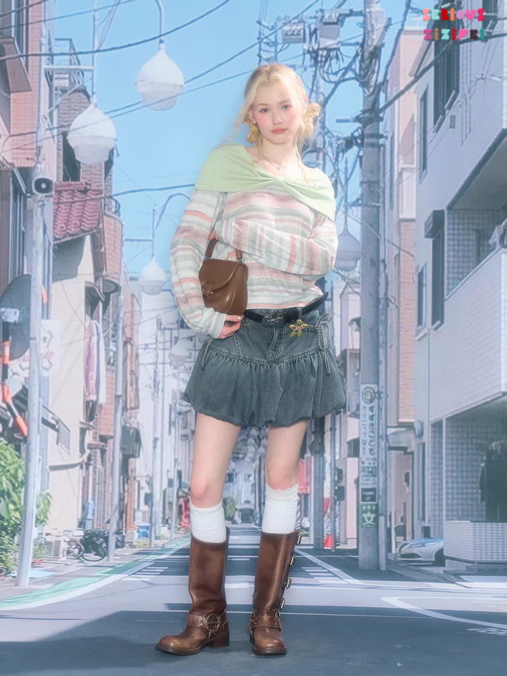 Pastel Stripe Foldover Collar Sweater