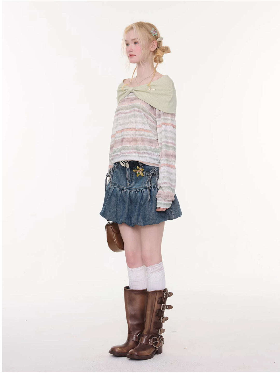 Pastel Stripe Foldover Collar Sweater
