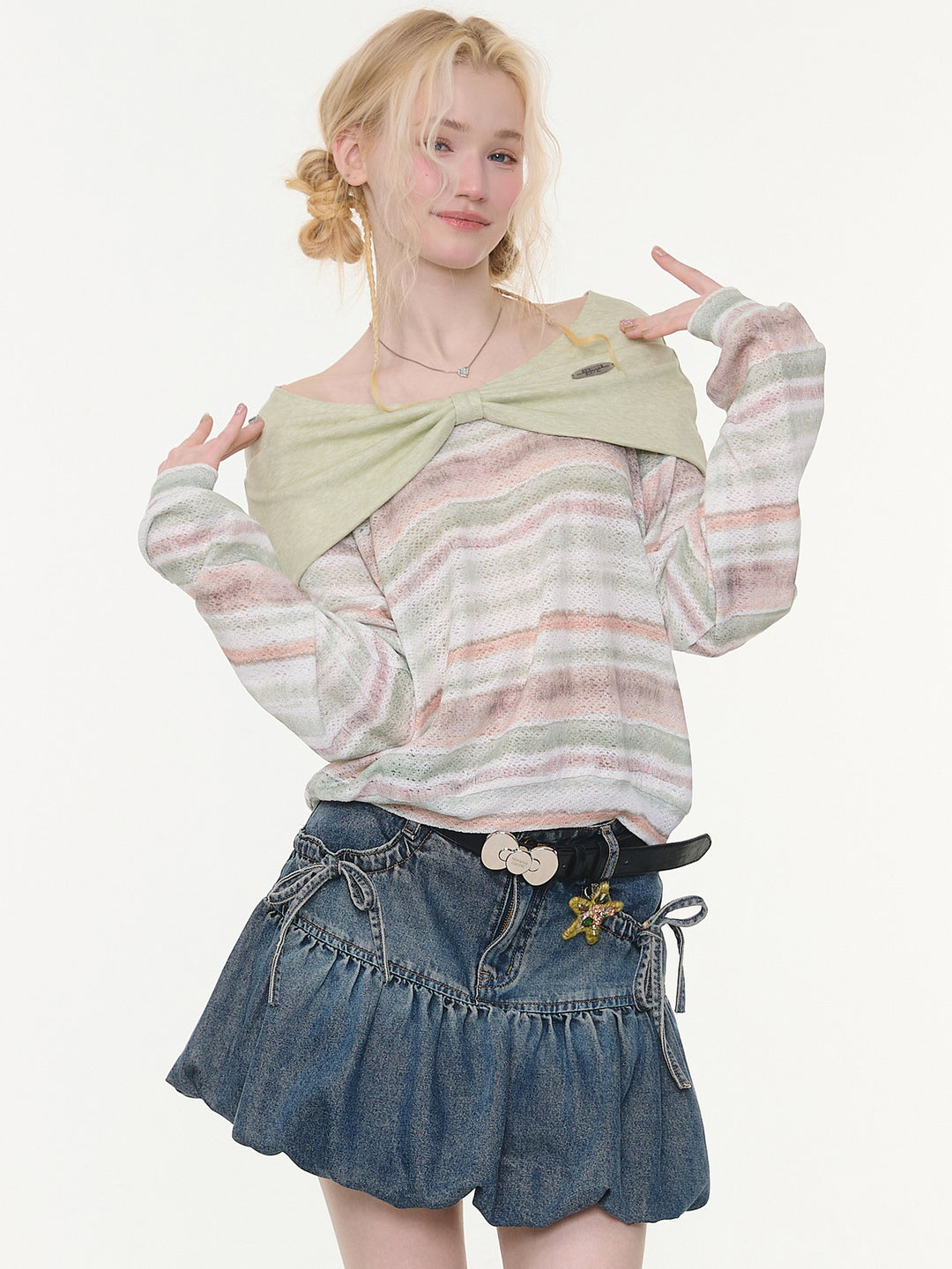 Pastel Stripe Foldover Collar Sweater