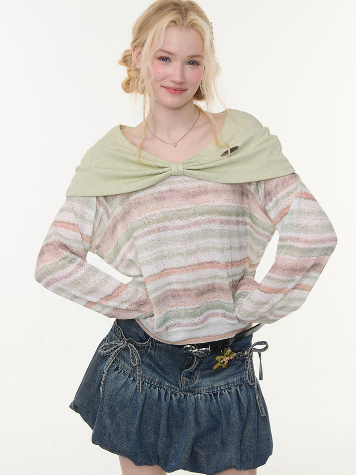Pastel Stripe Foldover Collar Sweater