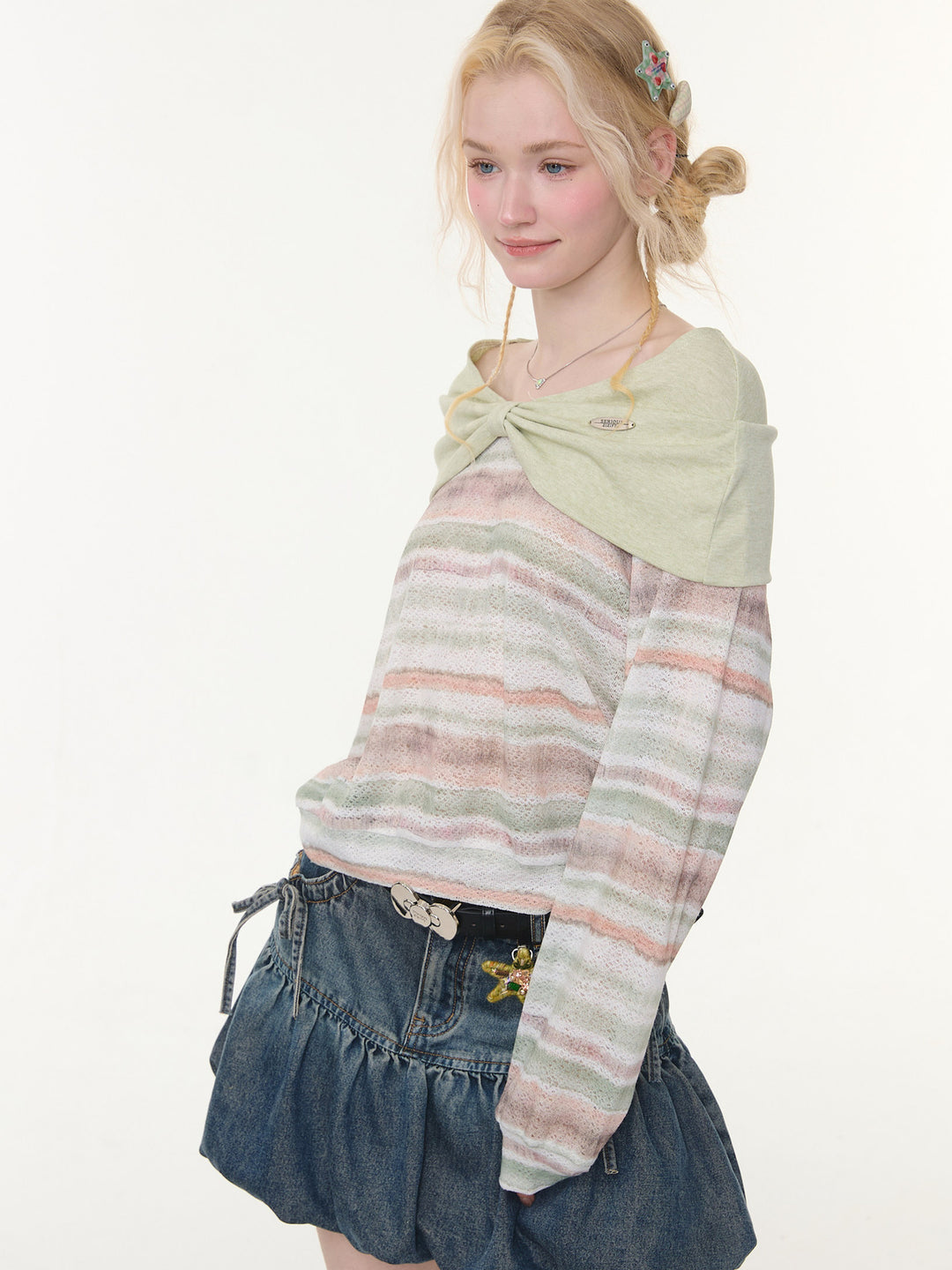 Pastel Stripe Foldover Collar Sweater