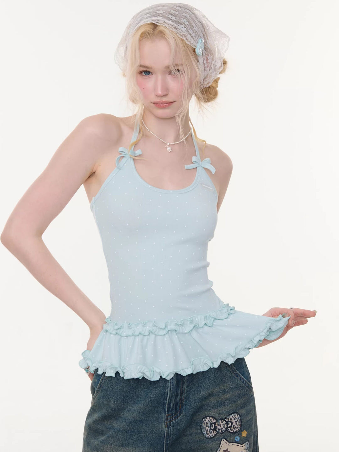 Coquette Polka Dot Peplum Halter Top
