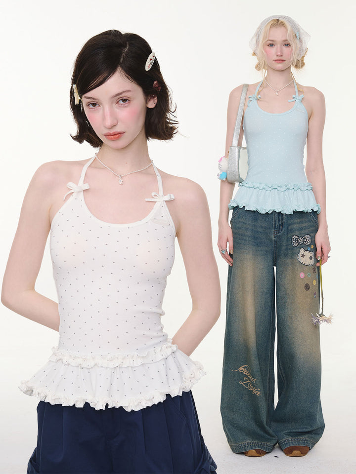 Coquette Polka Dot Peplum Halter Top