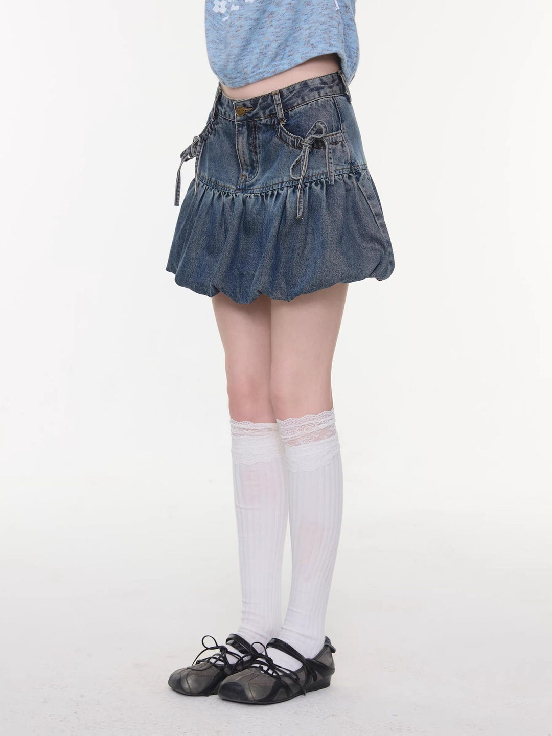 Bow Pocket Bubble Denim Mini Skirt