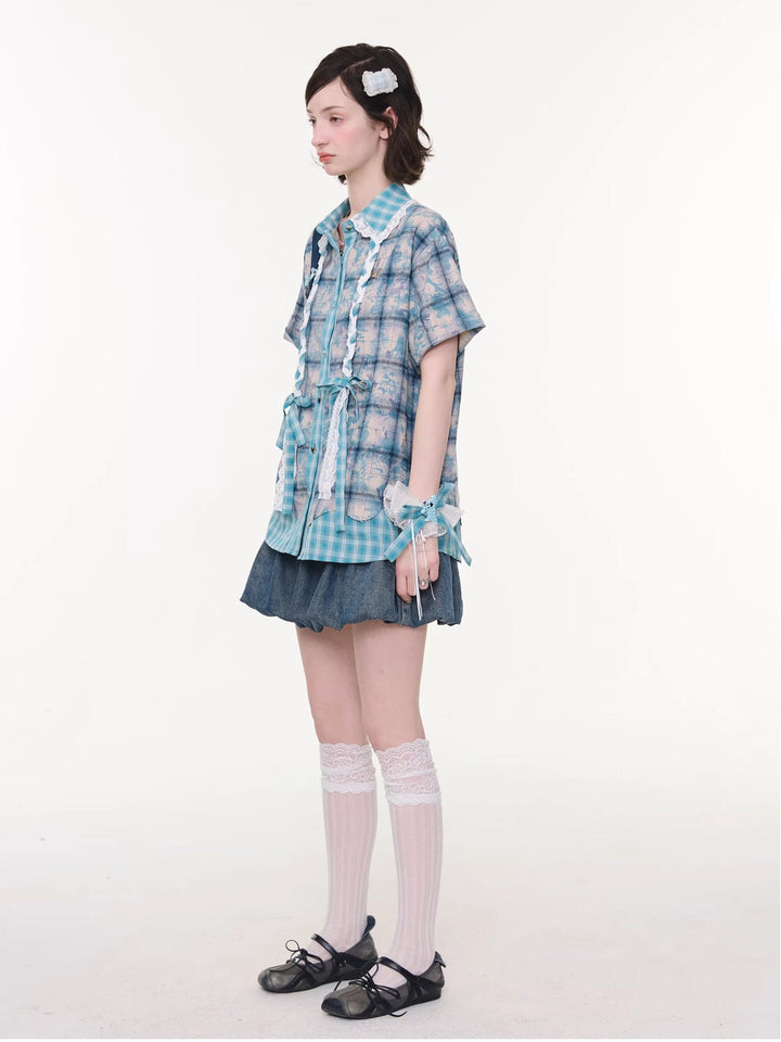 Bow Pocket Bubble Denim Mini Skirt