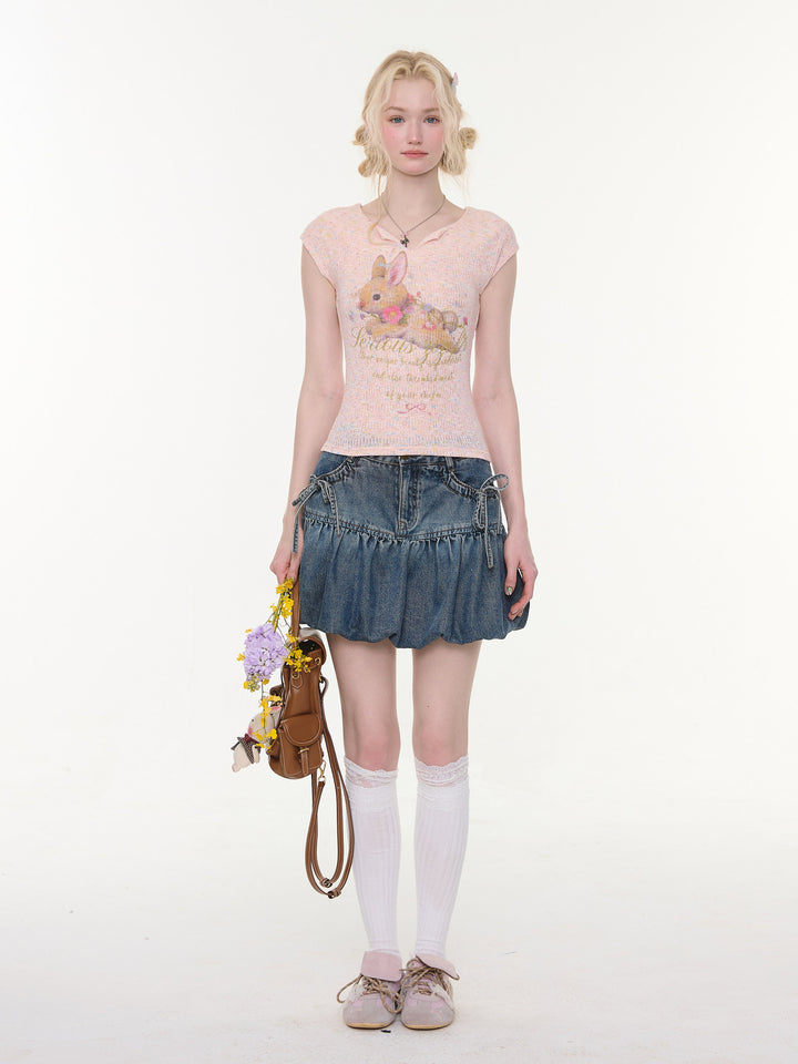 Bow Pocket Bubble Denim Mini Skirt