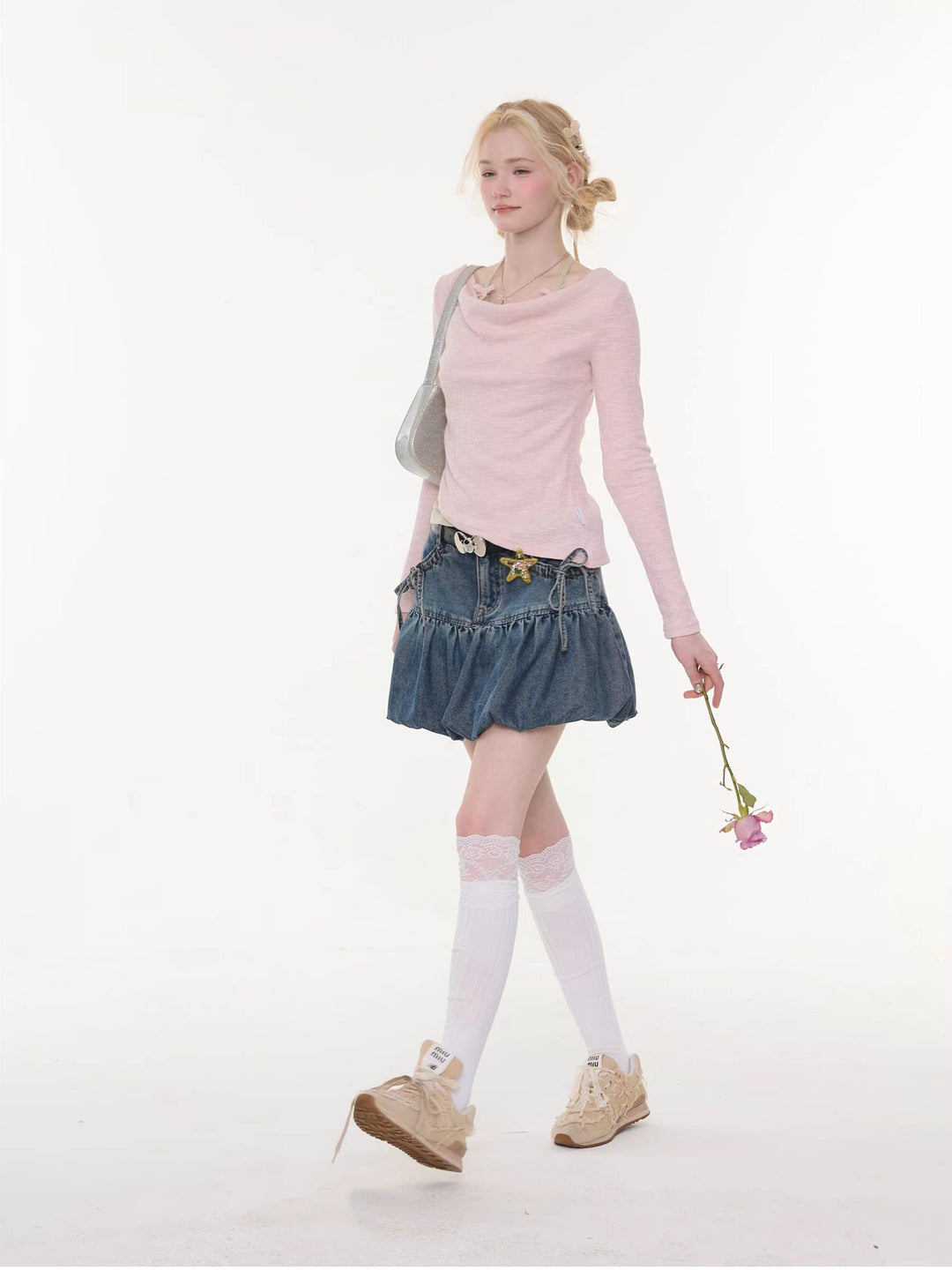Bow Pocket Bubble Denim Mini Skirt