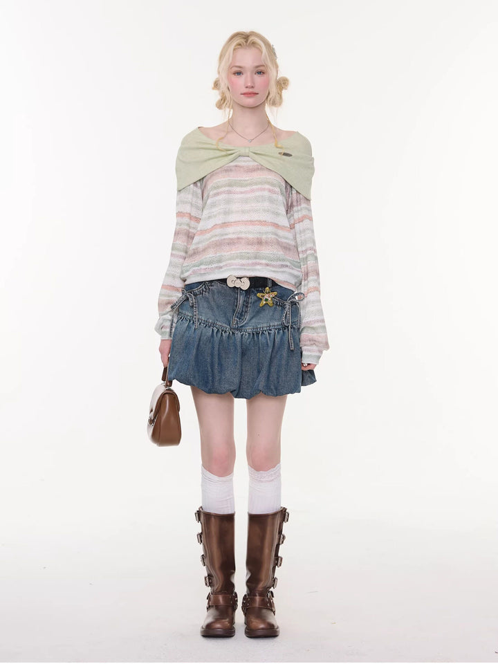 Bow Pocket Bubble Denim Mini Skirt