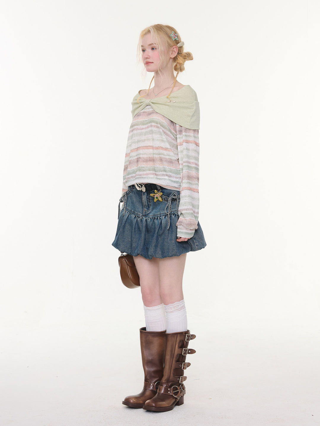 Bow Pocket Bubble Denim Mini Skirt
