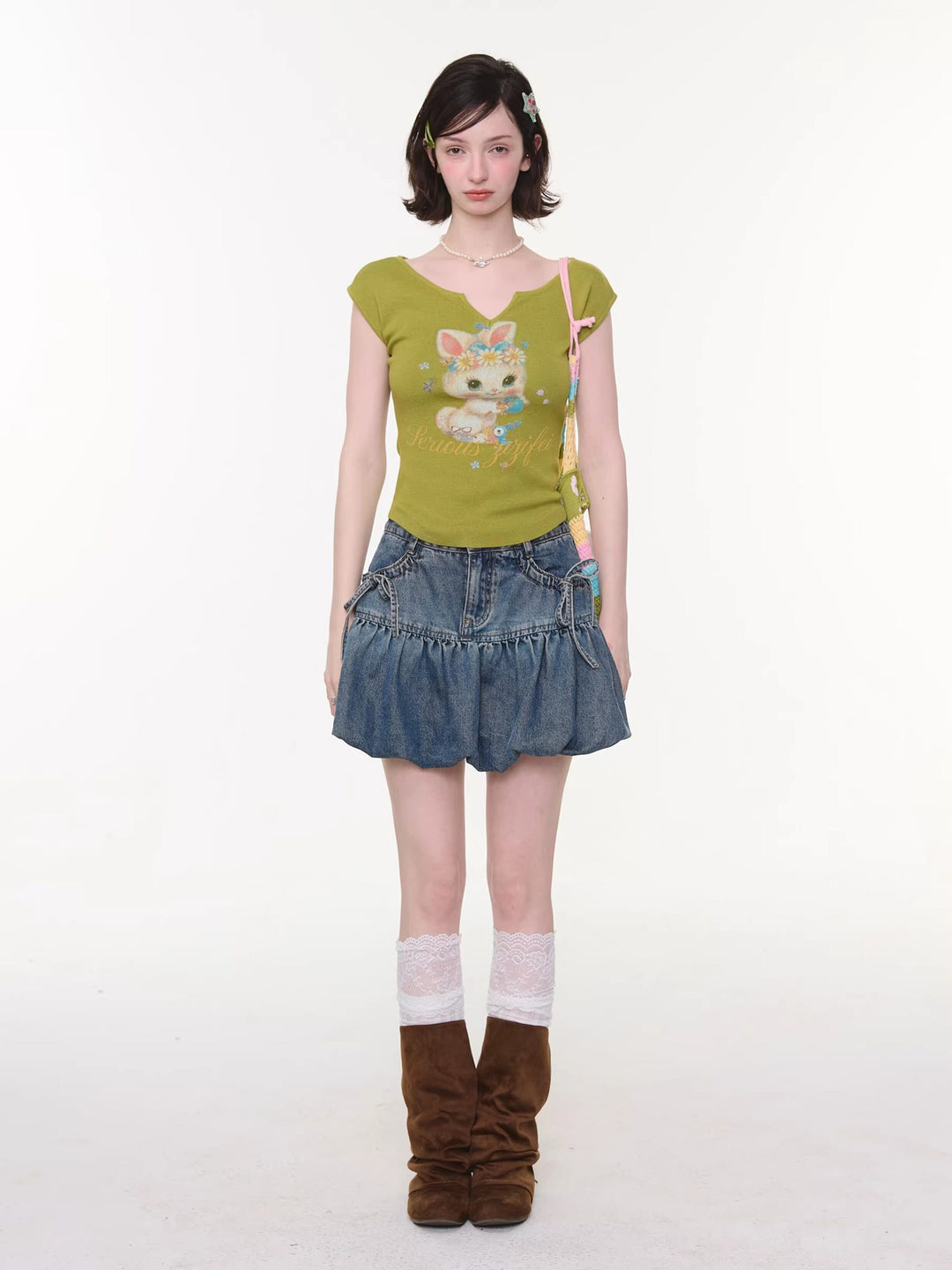 Bow Pocket Bubble Denim Mini Skirt