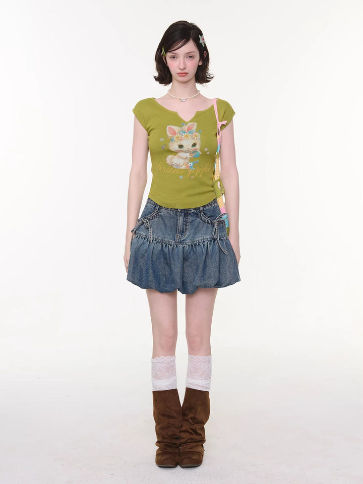 Bow Pocket Bubble Denim Mini Skirt