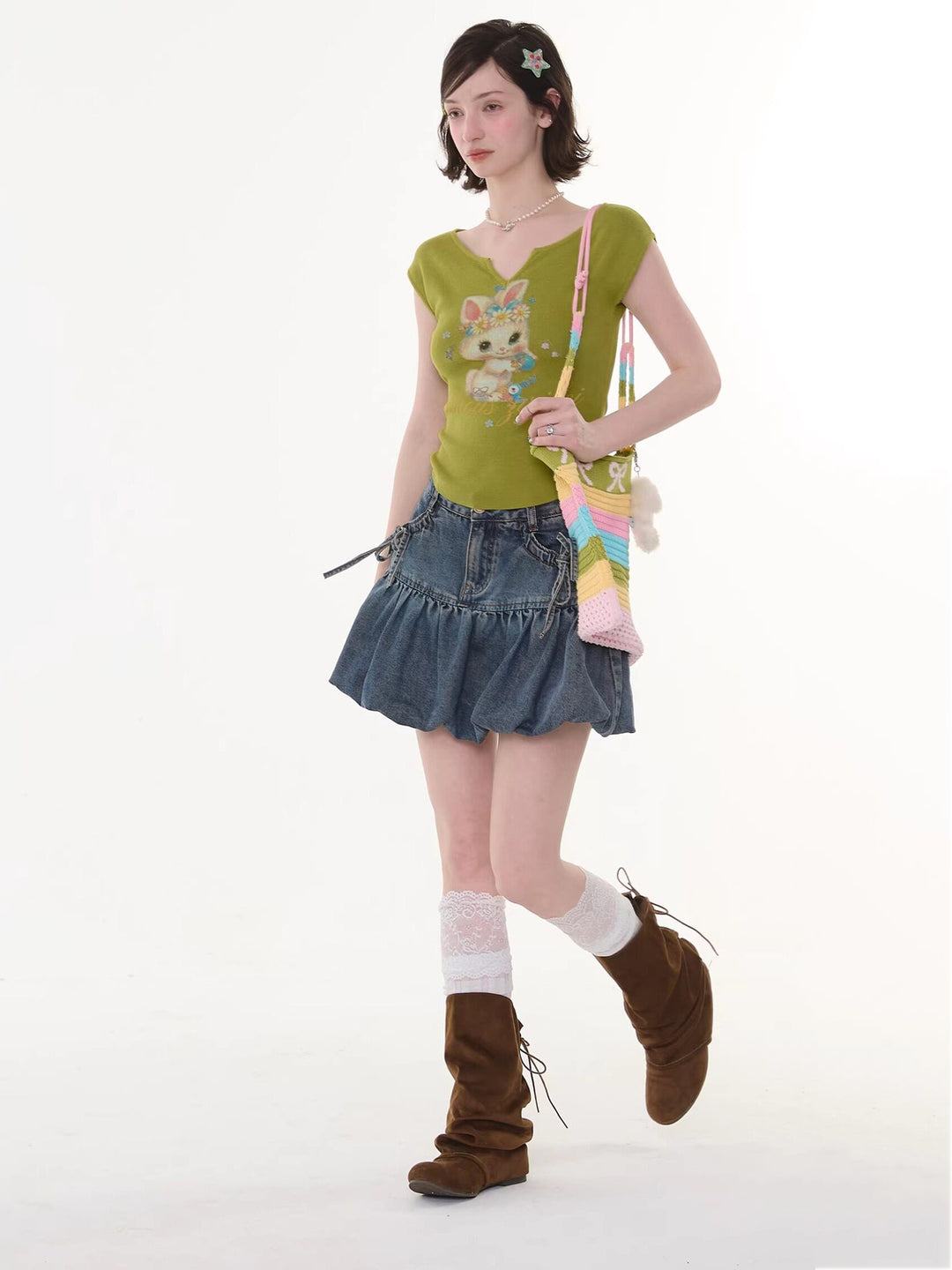 Bow Pocket Bubble Denim Mini Skirt