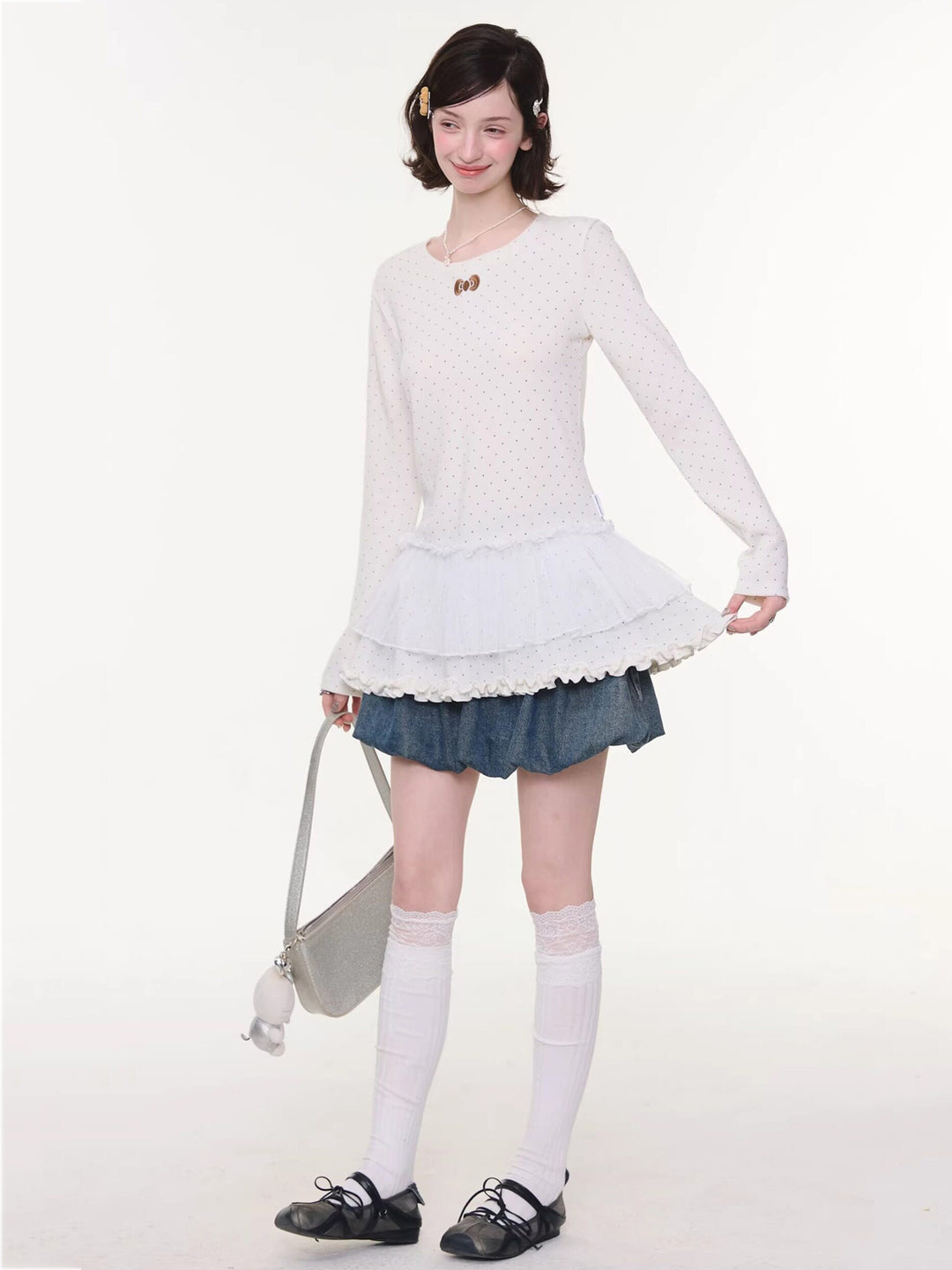 Bow Pocket Bubble Denim Mini Skirt