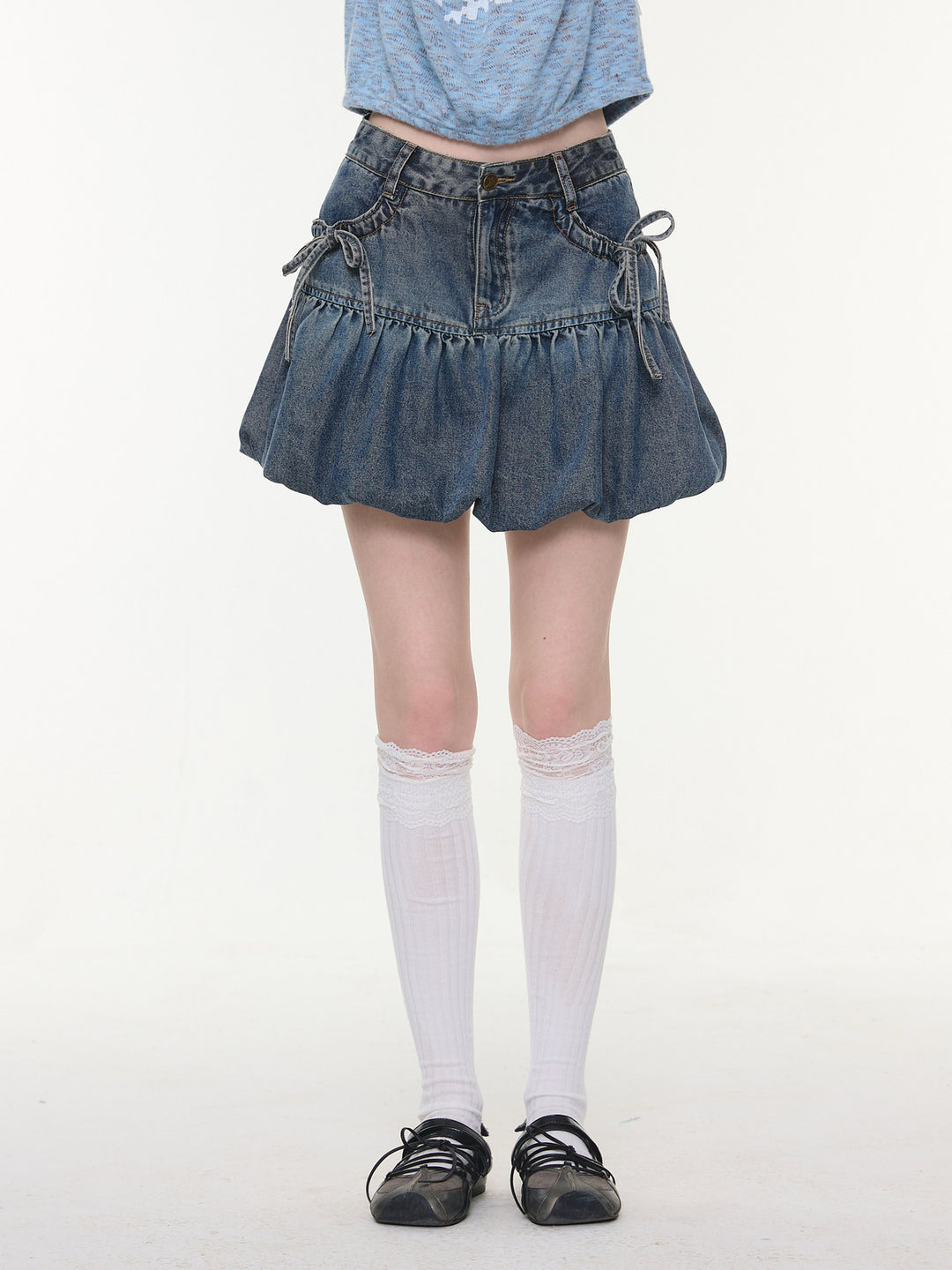 Bow Pocket Bubble Denim Mini Skirt
